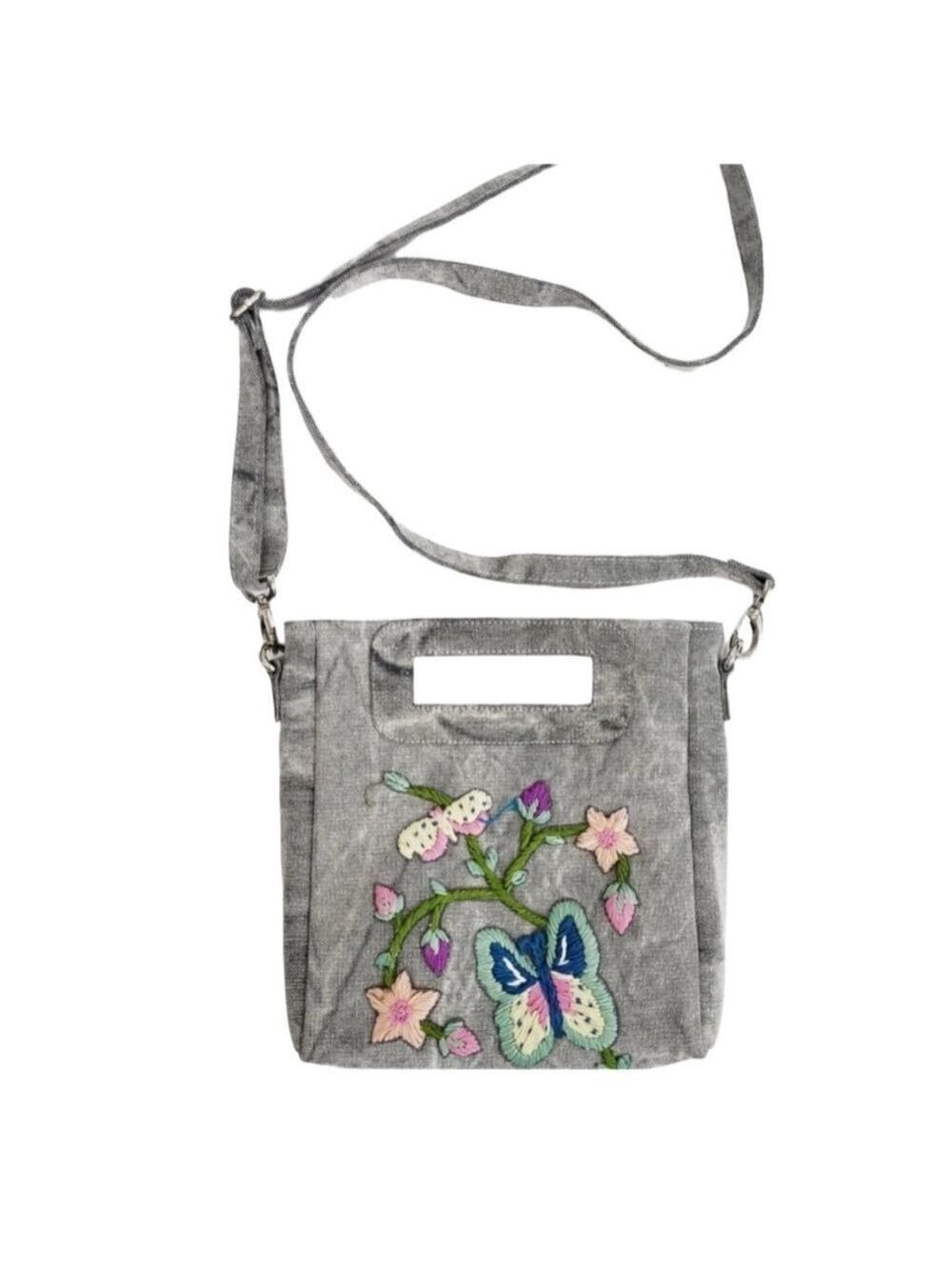 RAJ ANTHROPOLOGIE EMBROIDERED CROSSBODY SHOULDER REMOVABLE GRAY DENIM BAG NWOT